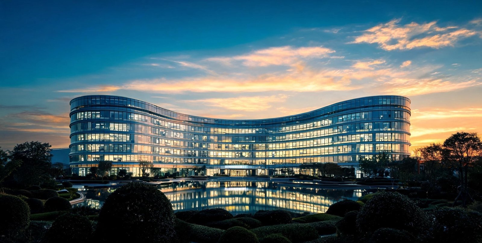 A modern hospital building at sunset, representing IMC partner institutions in mainland China