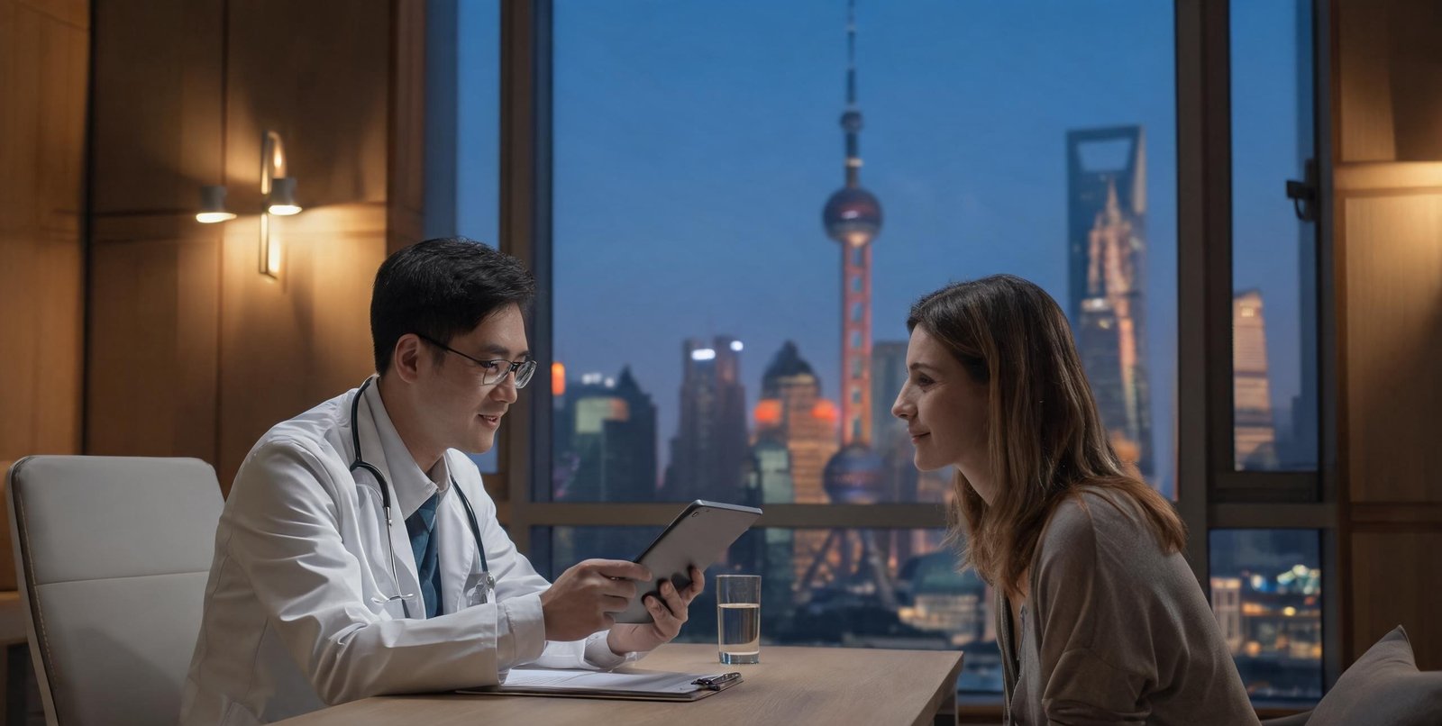 A doctor reviewing results on a tablet with an international patient at an IMC partner clinic