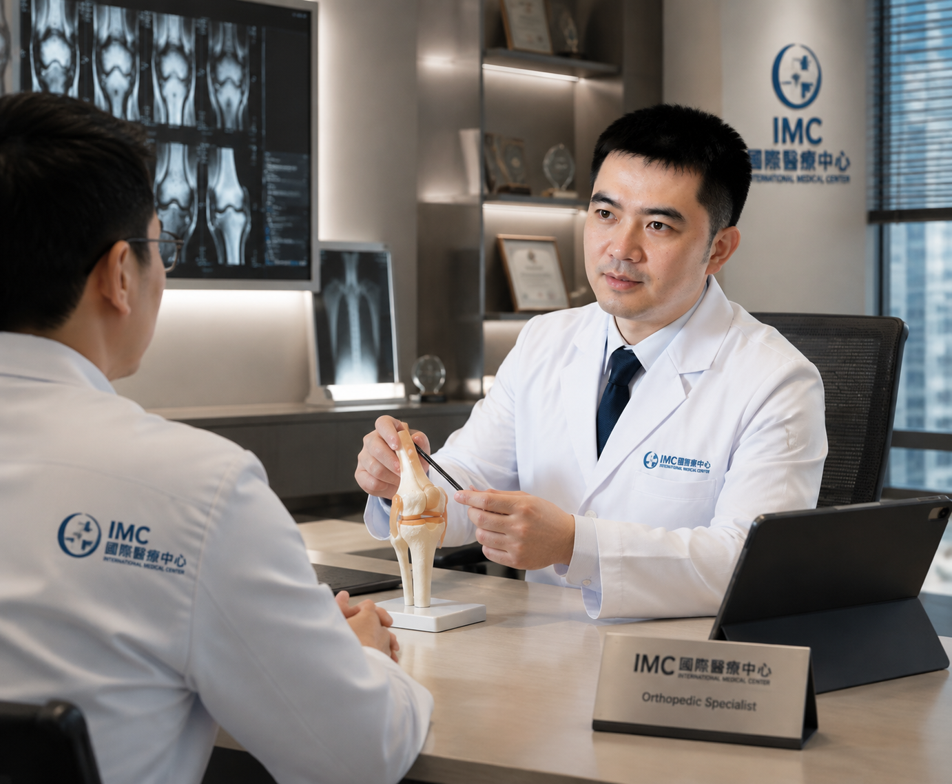 Orthopedic specialist explaining a knee joint model to a patient at IMC International Medical Center